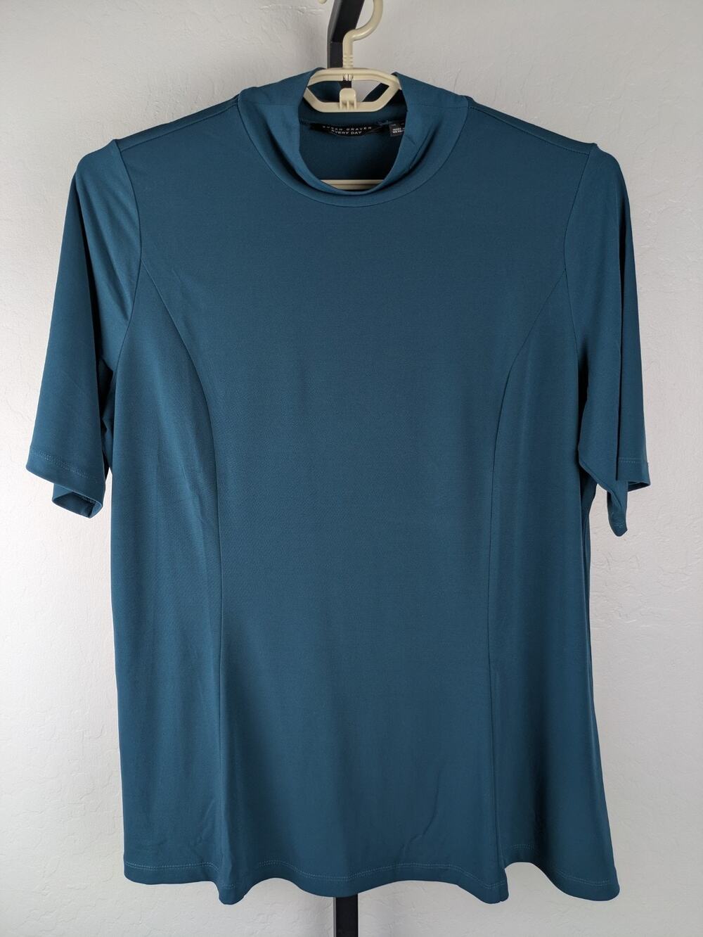 Susan Graver Every Day Mock Neck Short Sleeve shirt mallard green